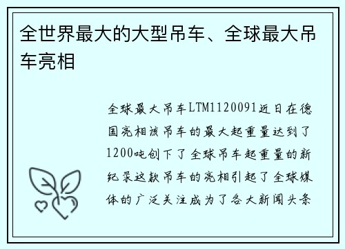 全世界最大的大型吊车、全球最大吊车亮相