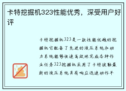 卡特挖掘机323性能优秀，深受用户好评